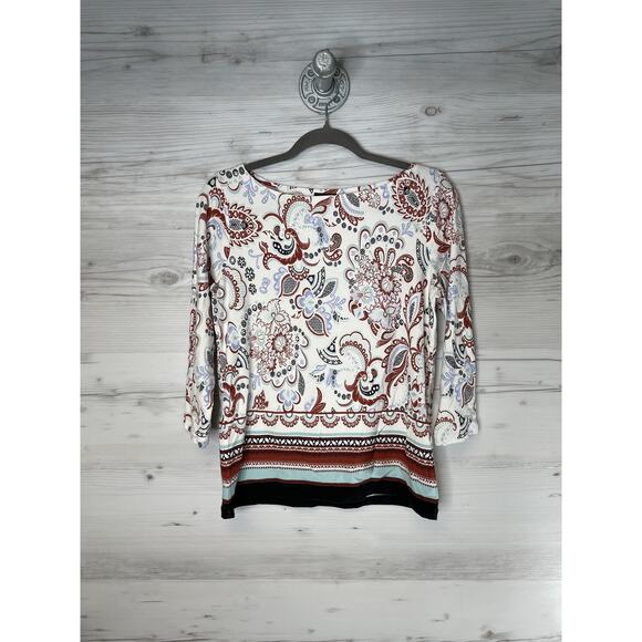 Ann Taylor Factory Shirt Womens Small White Red Paisley 3/4 Sleeve Boat Neck - Picture 1 of 9
